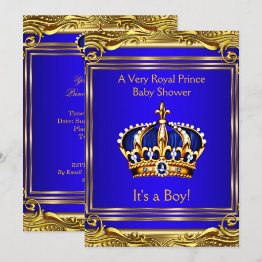 Invitation Prince Royal Blue Baby shower Gold Boy (Devant / Derrière)