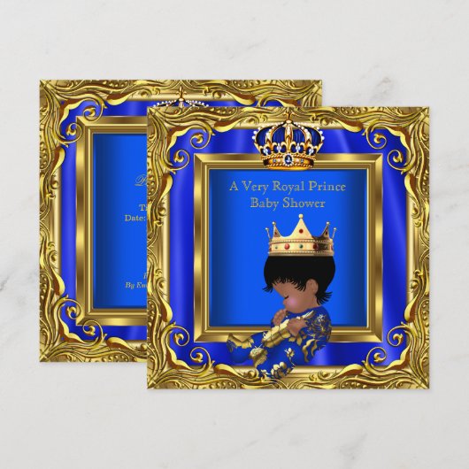 Invitation Prince Royal Blue Baby shower Gold Frame Boy (Devant / Derrière)