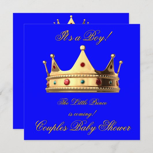 Invitation Prince Royal Blue Boy Baby shower Crown (Devant / Derrière)