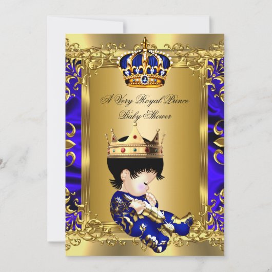 Invitation Prince Royal Blue Boy Baby shower Regal Gold 2a (Devant)