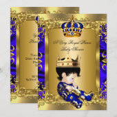 Invitation Prince Royal Blue Boy Baby shower Regal Gold 2a (Devant / Derrière)