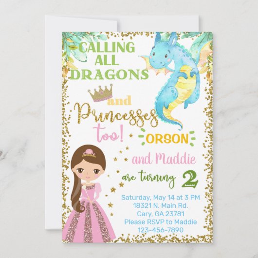 Invitation Princess and dragon siblings birthday invitation. (Devant)