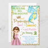 Invitation Princess and dragon siblings birthday invitation. (Devant / Derrière)
