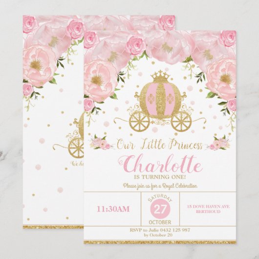 Invitation Princess Anniversaire Carriage Rose Floral (Devant / Derrière)