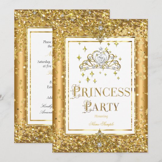 Invitation Princess Anniversaire Gold confetti Tiara (Devant / Derrière)