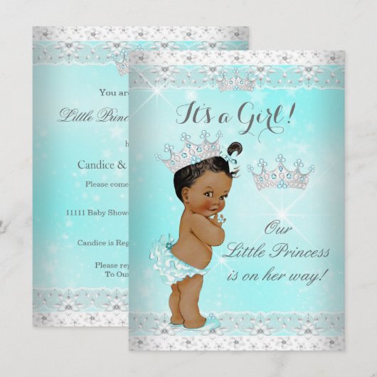 Invitation Princess Baby shower Aqua Lace Tiara Ethnic (Devant / Derrière)
