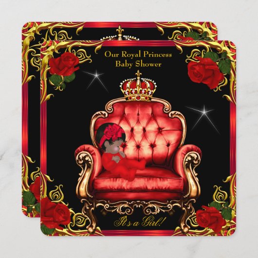 Invitation Princess Baby shower Girl Gold Red Rose Chaise 4 (Devant / Derrière)