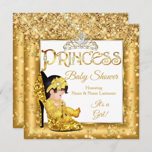 Invitation Princess Baby shower Gold Haut talon Parties scint (Devant / Derrière)
