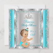 Invitation Princess Baby shower Party Turquoise Argent Brunet (Devant)