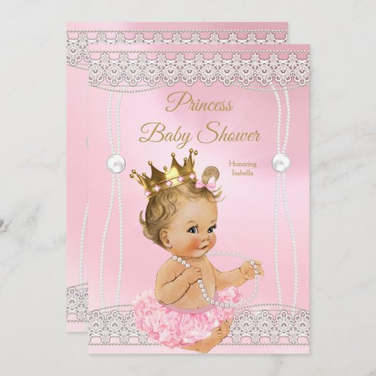Invitation Princess Baby shower Pink perle lace blonde (Devant / Derrière)