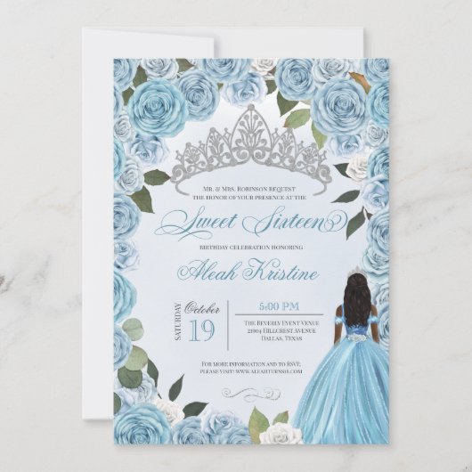 Invitation Princess Ball Blue Roses Sweet 16 Anniversaire Inv (Devant)