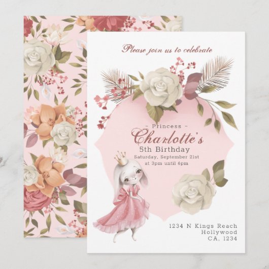 Invitation Princess Bunny Rabbit Fête d'anniversaire personna (Devant / Derrière)