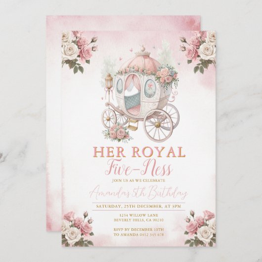 Invitation Princess Carriage Her royal five-ness Birthday  (Devant / Derrière)