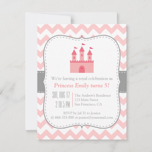 Invitation Princess Castle Birthday Party, Pink White Chevron (Devant)