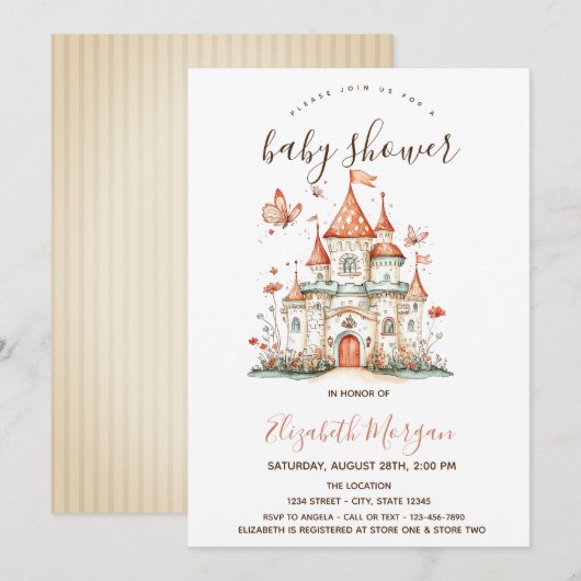 Invitation Princess Castle Butterflies Stripes Baby shower (Devant / Derrière)