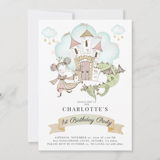 Invitation Princess Castle Dragon Gir1's st Birthday (Devant)
