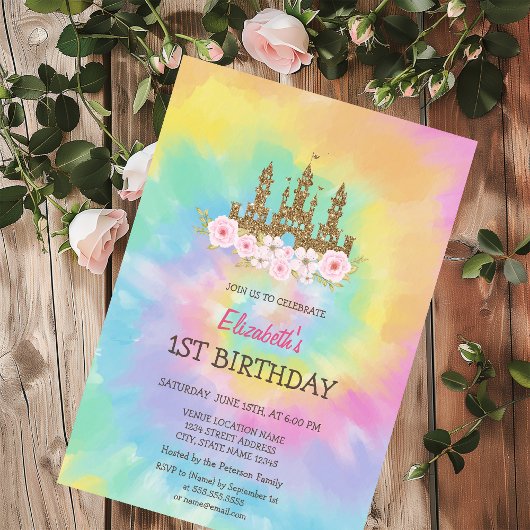 Invitation Princess Castle Flowers Tie Dye Anniversaire