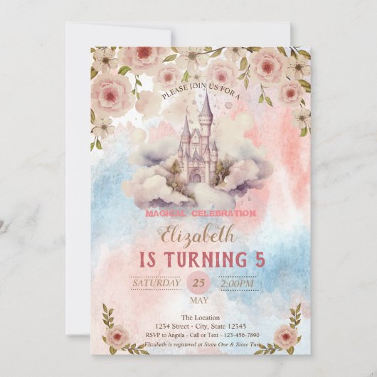 Invitation Princess Castle Watercolor Flowers Splash Annivers (Devant)