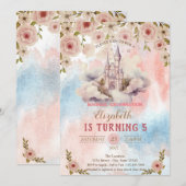Invitation Princess Castle Watercolor Flowers Splash Annivers (Devant / Derrière)