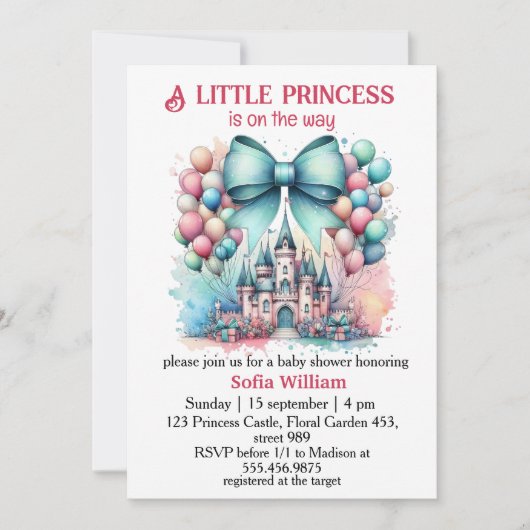 Invitation princess château ballons arc bébé douche (Devant)
