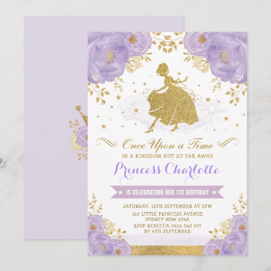 Invitation Princess Cinderella Purple Gold Floral Anniversair (Devant / Derrière)
