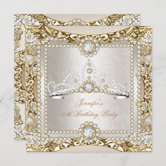 Invitation Princess Cream Gold Diamond Tiara fête d'anniversa (Devant / Derrière)