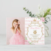 Invitation Princess Crown Anniversaire Rose Gold Floral Party (Debout devant)