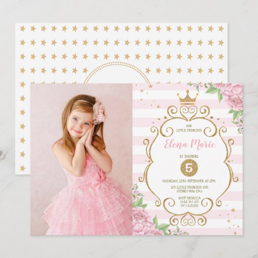 Invitation Princess Crown Anniversaire Rose Gold Floral Party (Devant / Derrière)