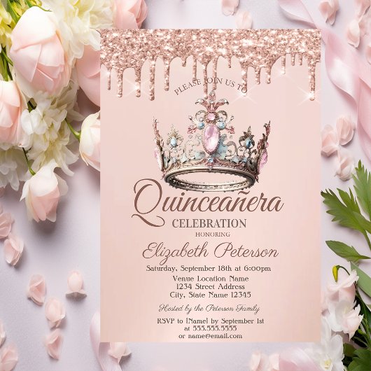 Invitation Princess Crown Castle Rose Gold Drives Quinceañera