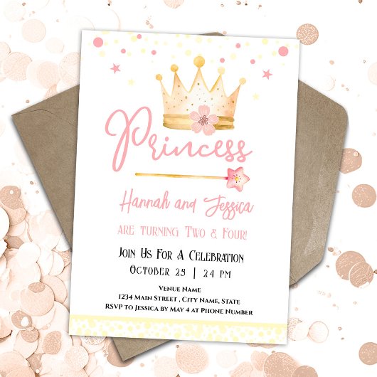 Invitation Princess Crown Rose Petites filles Double Annivers