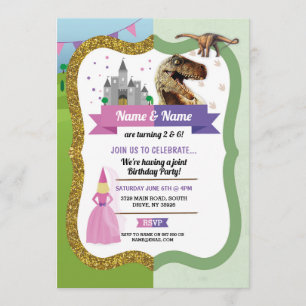 Invitation Princess & Dinosaur Garçon fille Anniversaire Dino
