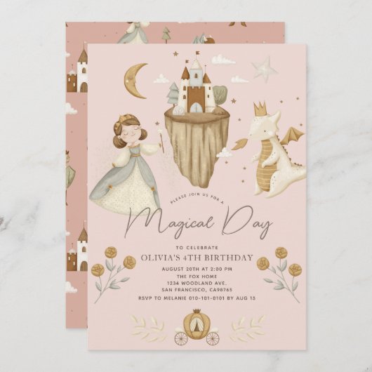 Invitation Princess & Dragon Boho Fairytale Pink Anniversaire (Devant / Derrière)