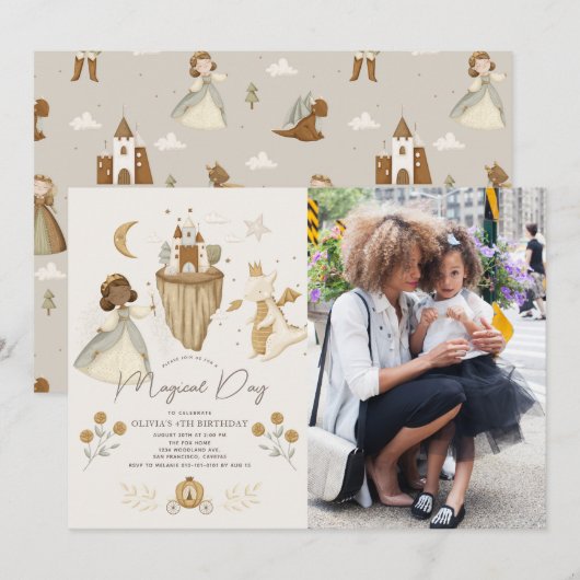 Invitation Princess Dragon Fairytale Peau noire Photo Anniver (Devant / Derrière)