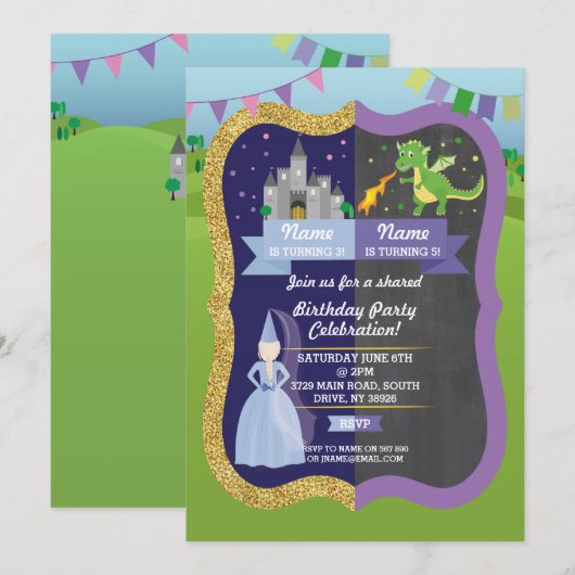 Invitation Princess & Dragon Shared Boy Girl Birthday Invitat (Devant / Derrière)