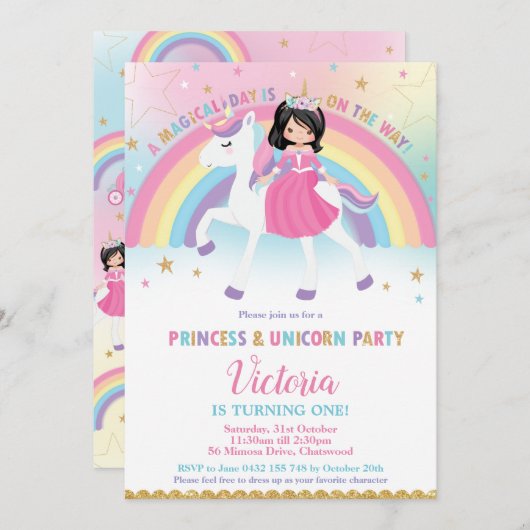 Invitation Princess et Unicorn Rainbow Castle (Devant / Derrière)