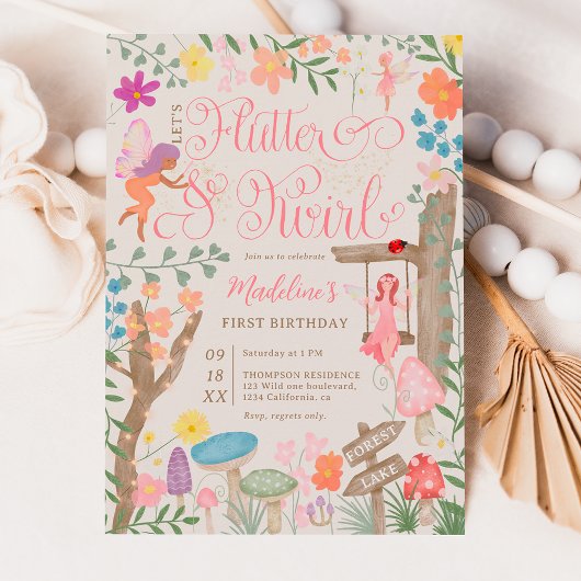 Invitation Princess fairy champignons fleurs chic 1er anniver