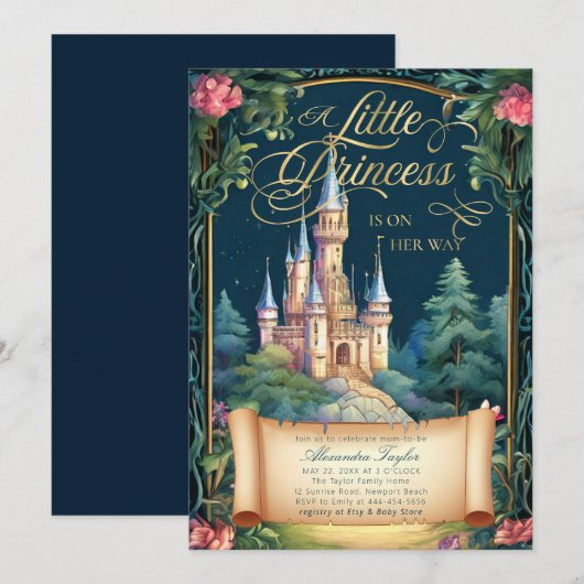 Invitation Princess Fairytale Castle Deco Baby Girl Douche (Devant / Derrière)