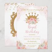 Invitation Princess Floral Pink & Gold Birthday (Devant / Derrière)