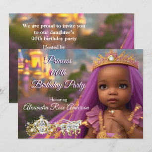 Invitation Princess Girl Birthday Party tiara violette ethnie