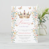 Invitation Princess Gold Crown Floral Butterfly Baby Shower (Debout devant)