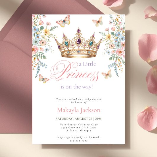Invitation Princess Gold Crown Floral Butterfly Baby Shower