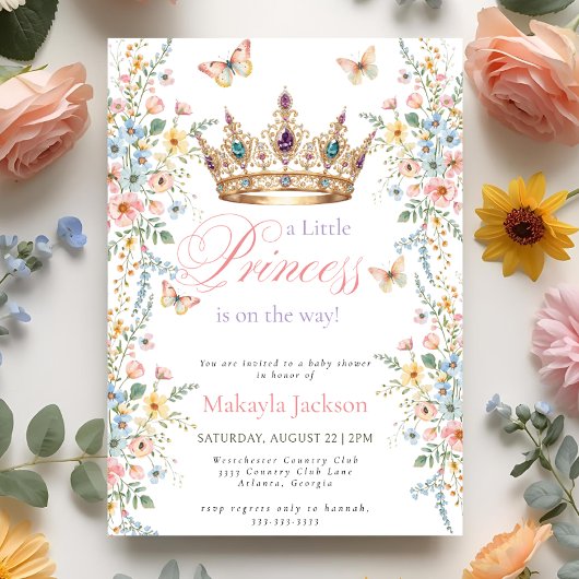 Invitation Princess Gold Crown Floral Butterfly Baby Shower