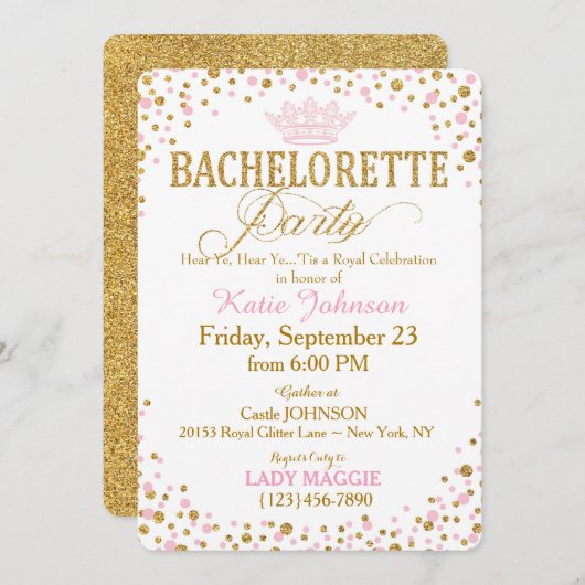 Invitation Princess Gold Parties scintillant Sprinkle Bachelo (Devant / Derrière)