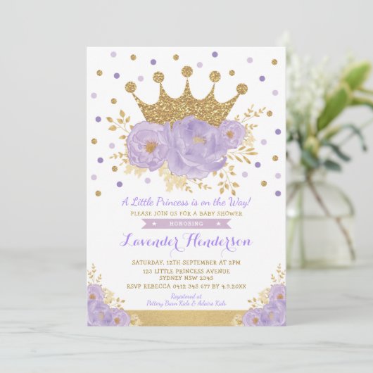 Invitation Princess Lavender Gold Baby shower Floral de la Co (Debout devant)
