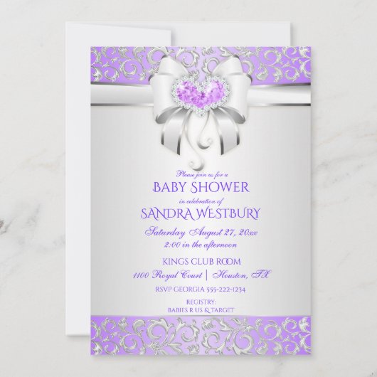 Invitation Princess Lavender Lilac & Silver Diamonds Bow (Dos)