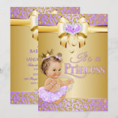 Invitation Princess Lilac & Gold Diamonds Coeur Vintage bébé (Devant / Derrière)