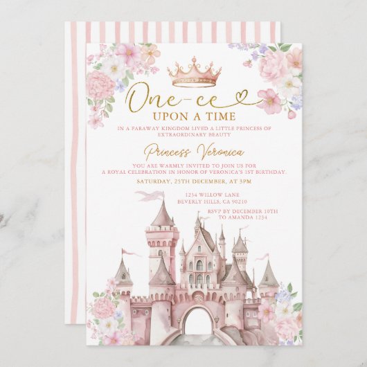 Invitation Princess ONE-CE Upon a time Birthday Castle Crown (Devant / Derrière)