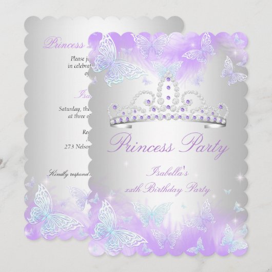 Invitation Princess Party Purple Turquoise Bleu Tiara Papillo (Devant / Derrière)
