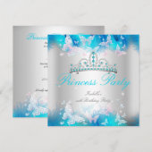 Invitation Princess Party rose Turquoise Bleu Tiara Papillon (Devant / Derrière)