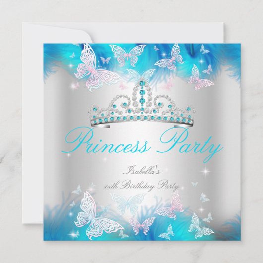 Invitation Princess Party rose Turquoise Bleu Tiara Papillon (Devant)